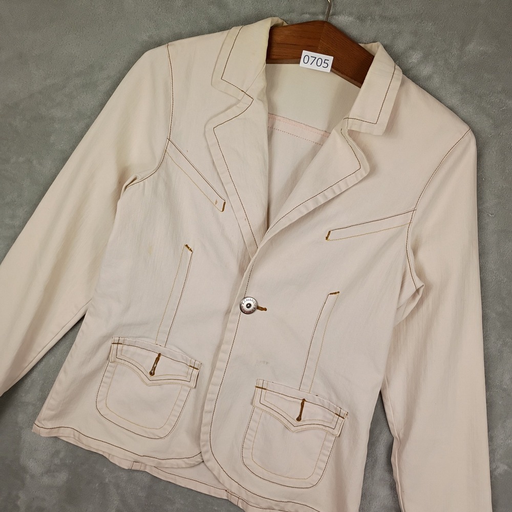 Z. Cavaricci Denim Blazer Womens Size M Cream Contrast Stitch Y2K Boho 90s